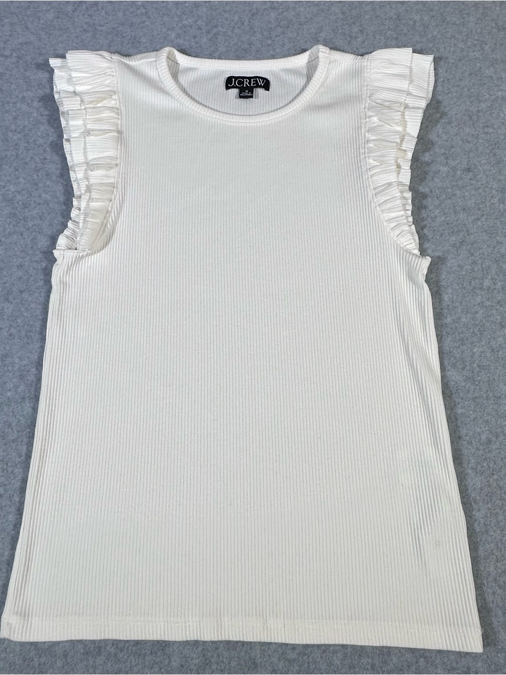 J. Crew White Ribbed Tank with Ruffled Cap Sleeves